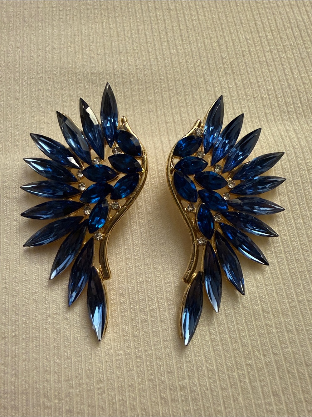 Gold-Tone Blue Crystal Wing Earrings